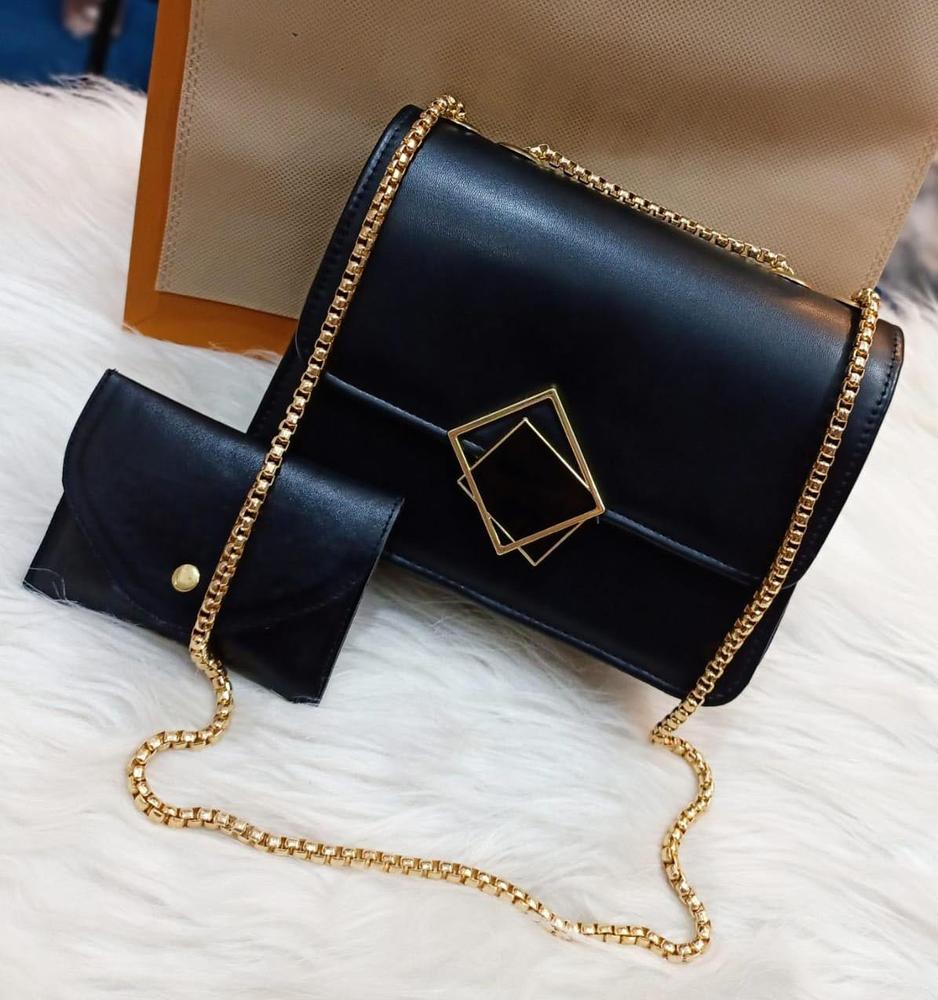 2 Pcs PU Leather Hand Bag With Long Golden Chain For Girls