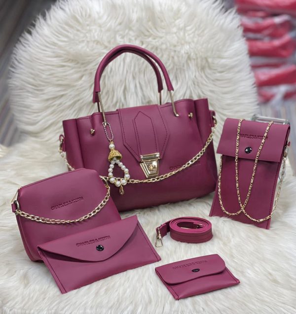 5 Pcs Women’s PU Leather Plain Long Strap Hand Bag Wallet Set