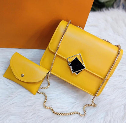 2 Pcs PU Leather Hand Bag With Long Golden Chain For Girls