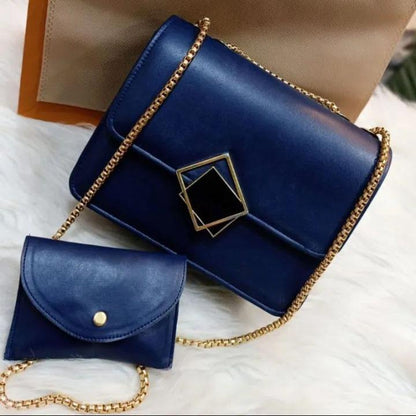 2 Pcs PU Leather Hand Bag With Long Golden Chain For Girls