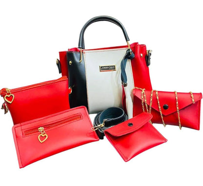 5 Pcs Women's PU Leather Plain Hand Bag Set