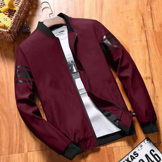 Men's Fleece Bomber Jacket - Comfortable Plain Design in Maroon