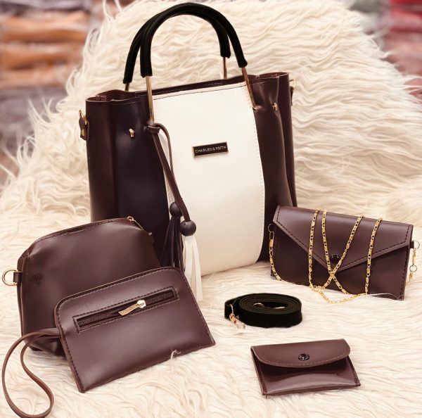 5 Pcs Women's PU Leather Plain Hand Bag Set